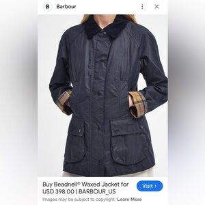 Barbour Navy Waxed Utility Jacket with Tartan Cuff Size 16 (US)